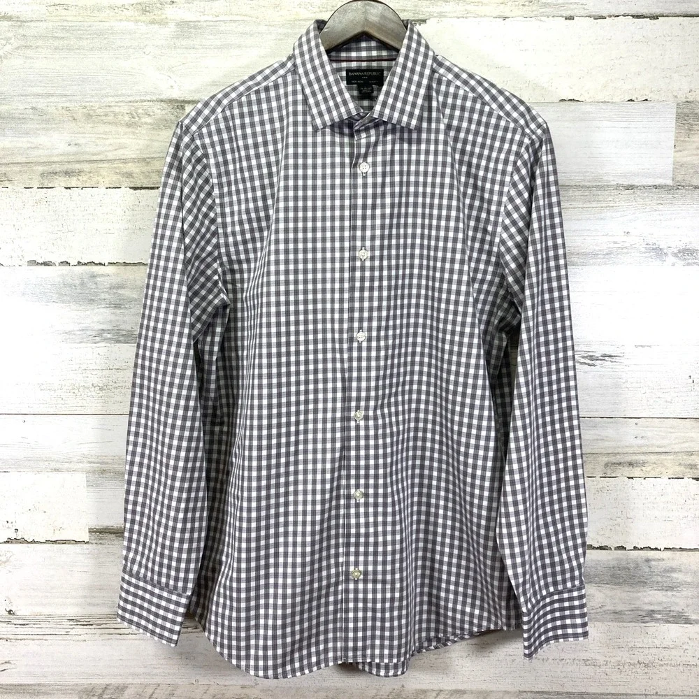 Banana Republic Mens White Gray Non Iron Slim Fit Long Slv Oxford‎ Shirt 16.5/32